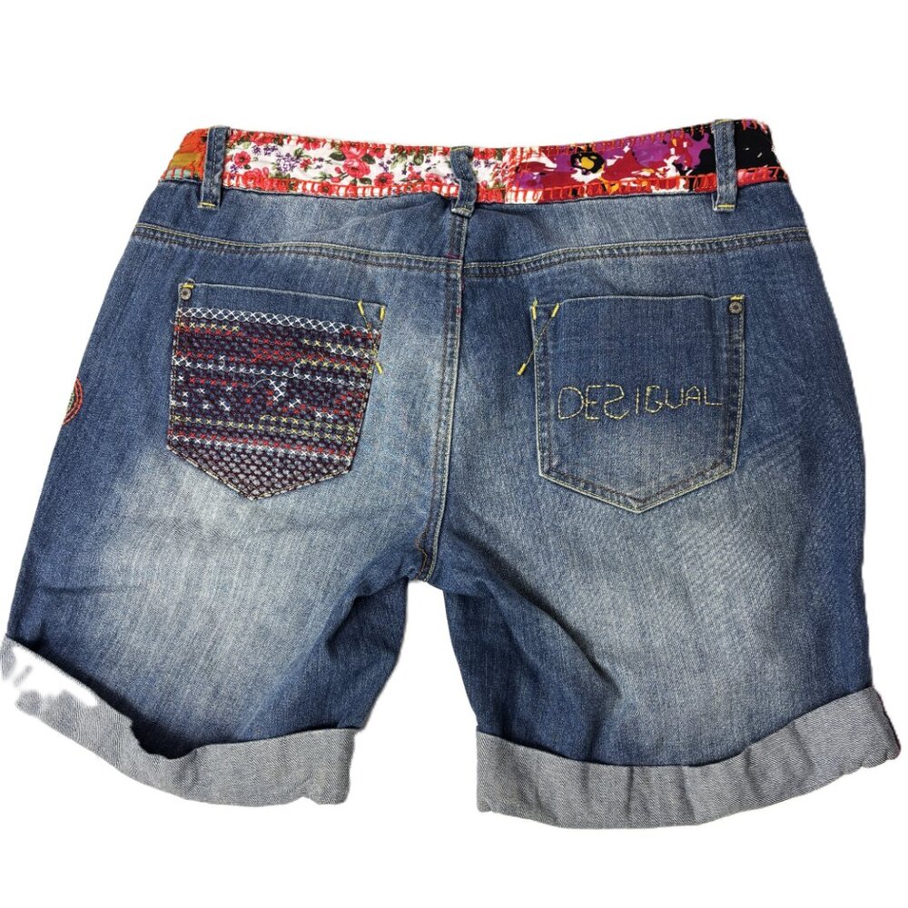 Desigual Denim High Waist Jean Shorts Life Embellished lace embroidery Size 34 - Picture 7 of 11
